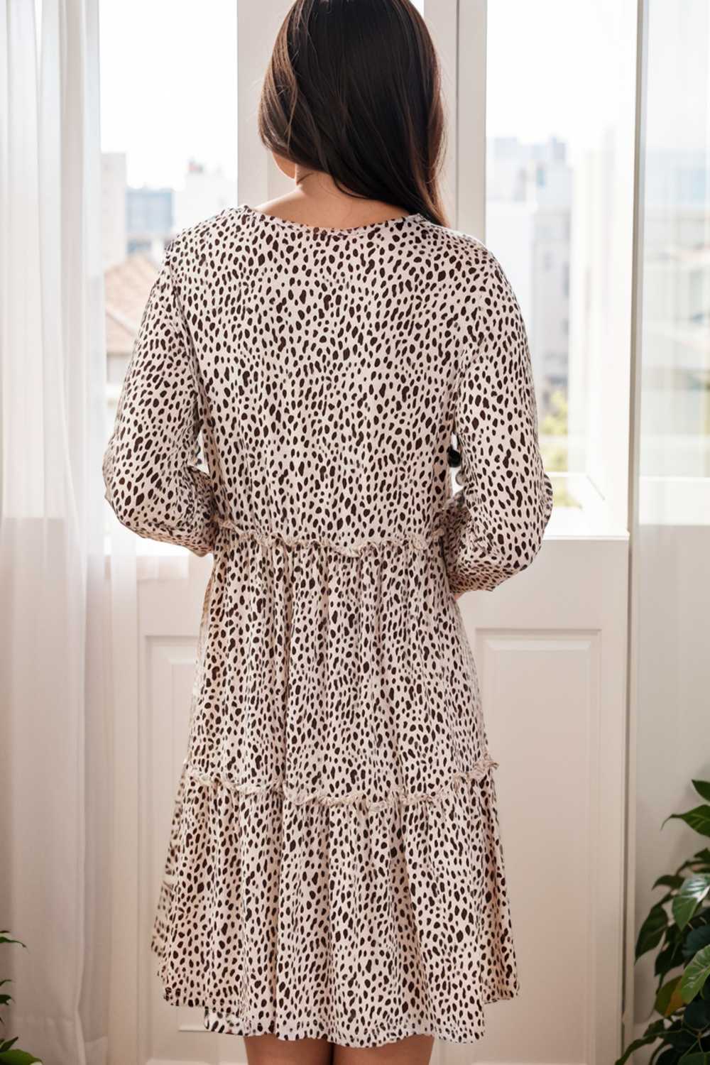 loose leopard print v neck dress drop shoulder a line closed cape paneled 105158