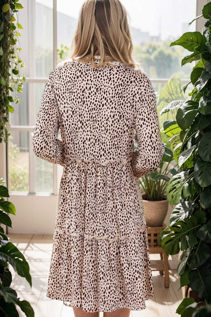 loose leopard print v neck dress drop shoulder a line closed cape paneled 133198
