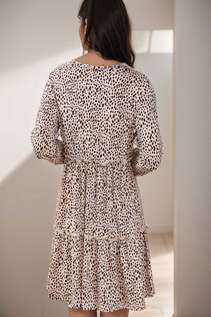 loose leopard print v neck dress drop shoulder a line closed cape paneled 132926