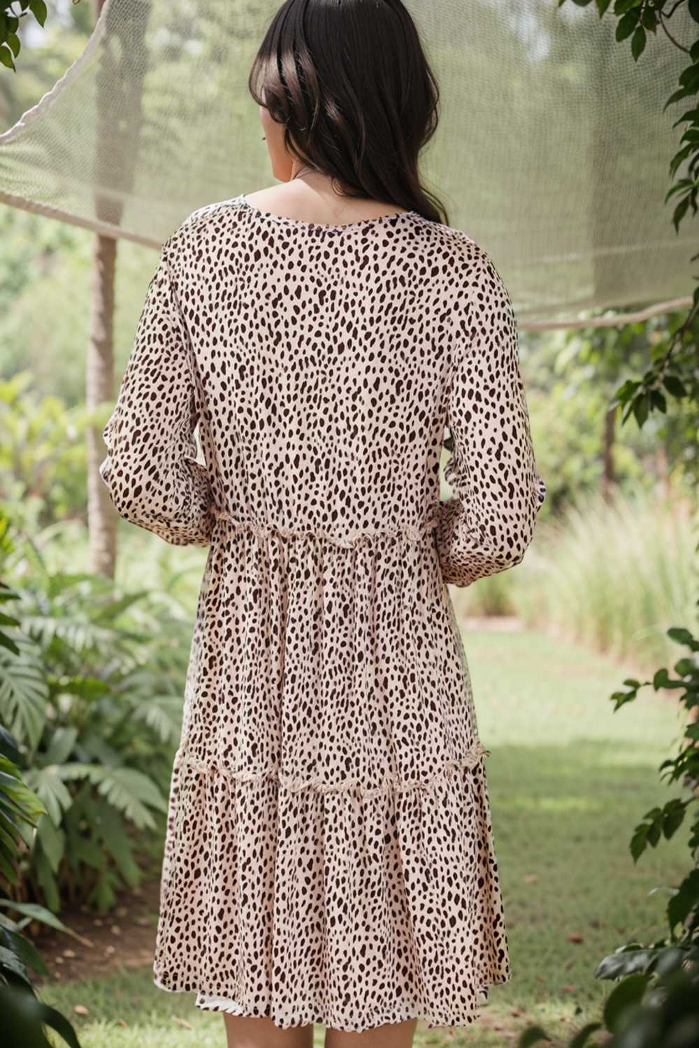loose leopard print v neck dress drop shoulder a line closed cape paneled 132925