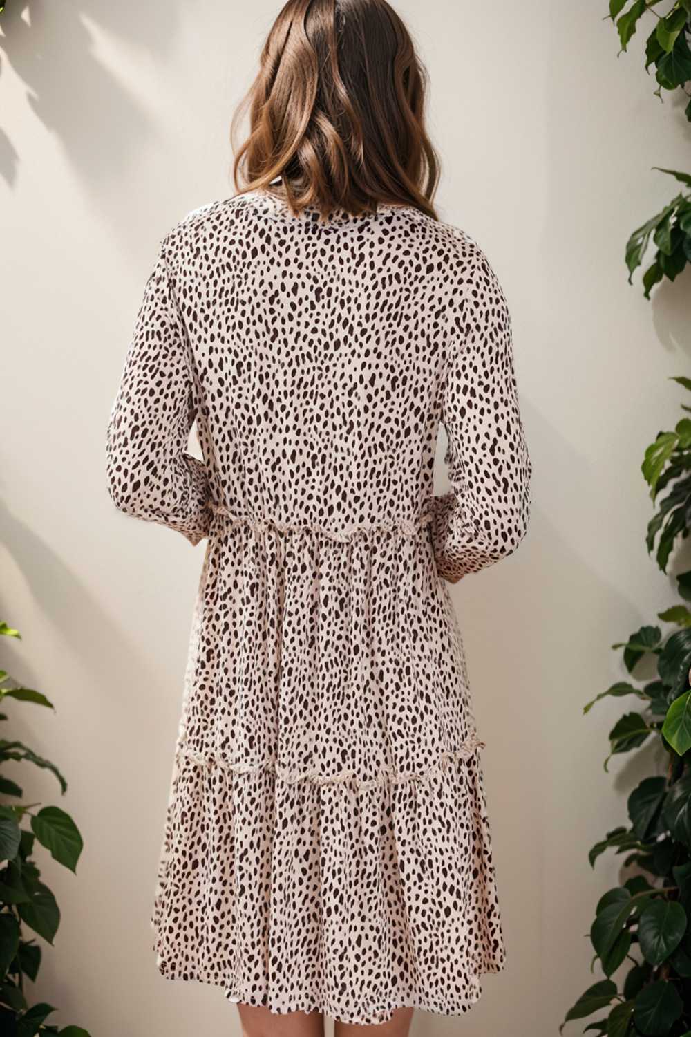 loose leopard print v neck dress drop shoulder a line closed cape paneled 106488