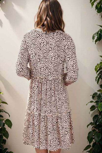 loose leopard print v neck dress drop shoulder a line closed cape paneled 106488