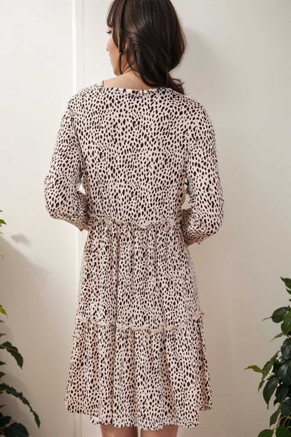 loose leopard print v neck dress drop shoulder a line closed cape paneled 127558