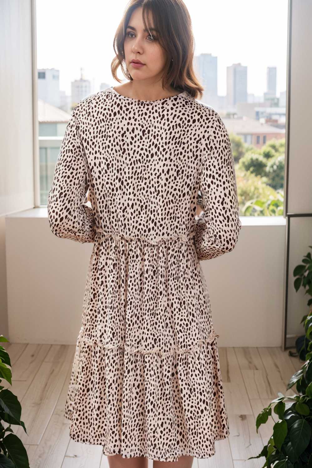 loose leopard print v neck dress drop shoulder a line closed cape paneled 132924