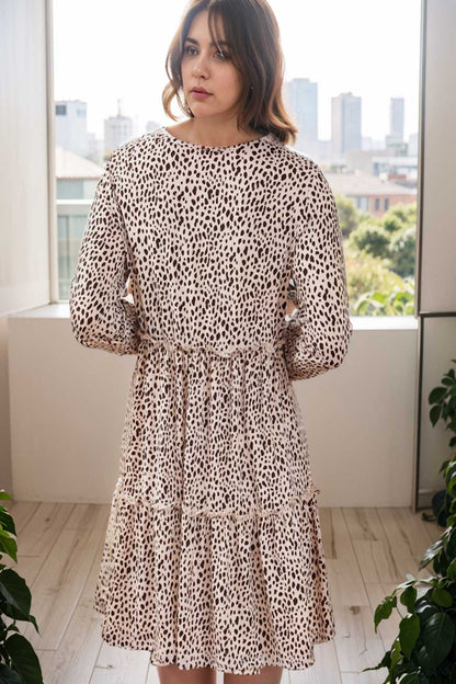 loose leopard print v neck dress drop shoulder a line closed cape paneled 132924