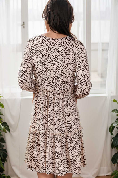 loose leopard print v neck dress drop shoulder a line closed cape paneled 113856