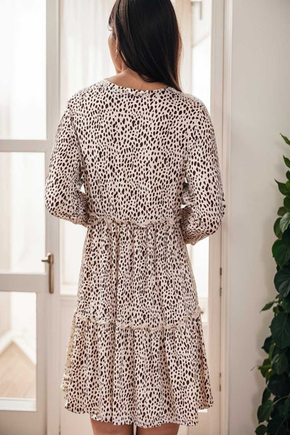 loose leopard print v neck dress drop shoulder a line closed cape paneled 137835