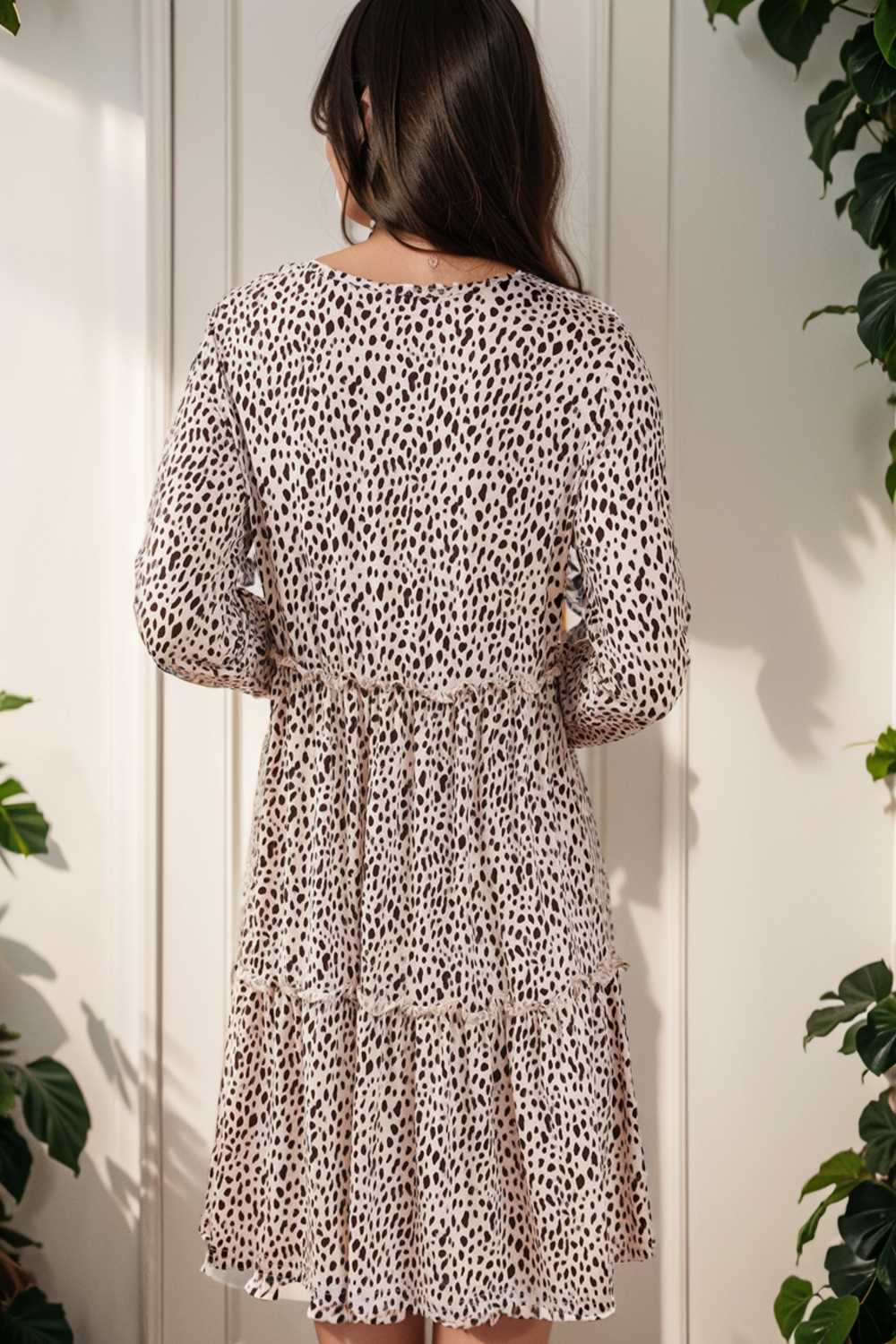loose leopard print v neck dress drop shoulder a line closed cape paneled 105156
