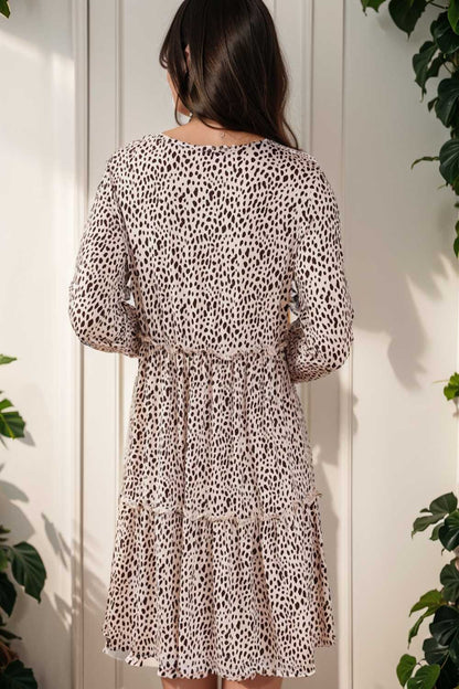 loose leopard print v neck dress drop shoulder a line closed cape paneled 105156