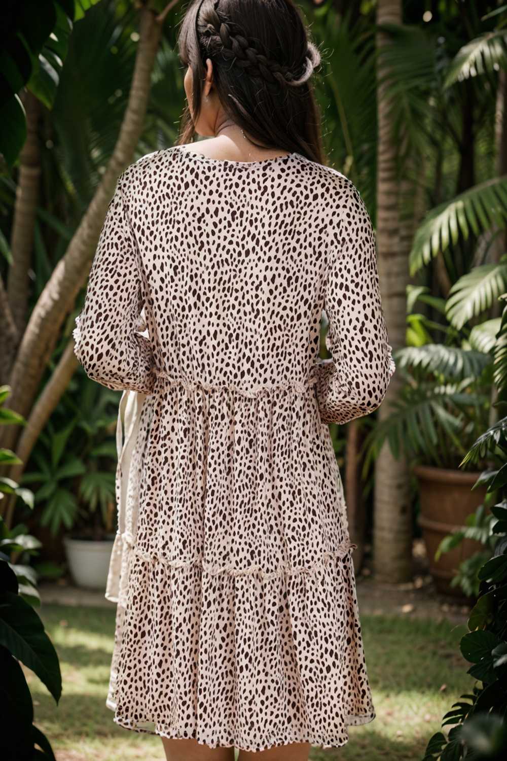 loose leopard print v neck dress drop shoulder a line closed cape paneled 106487