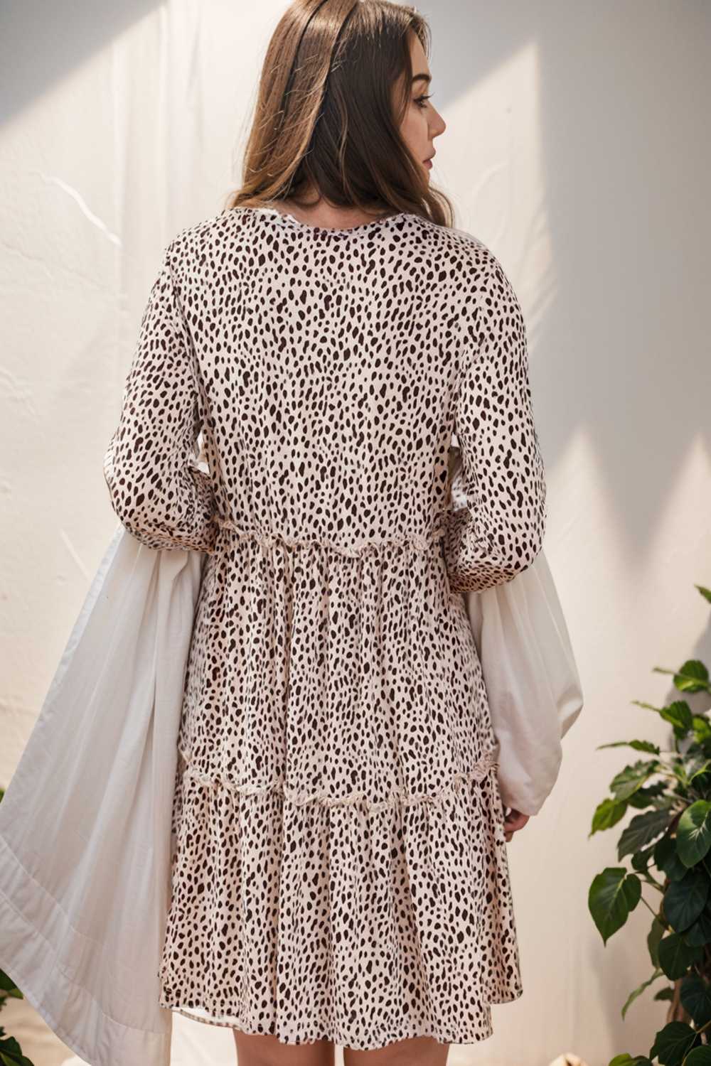 loose leopard print v neck dress drop shoulder a line closed cape paneled 132923