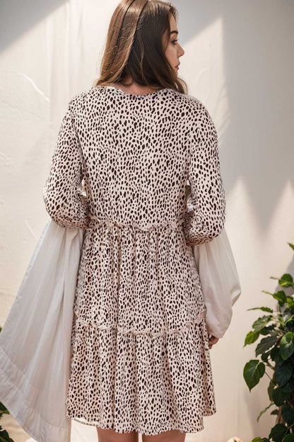 loose leopard print v neck dress drop shoulder a line closed cape paneled 132923