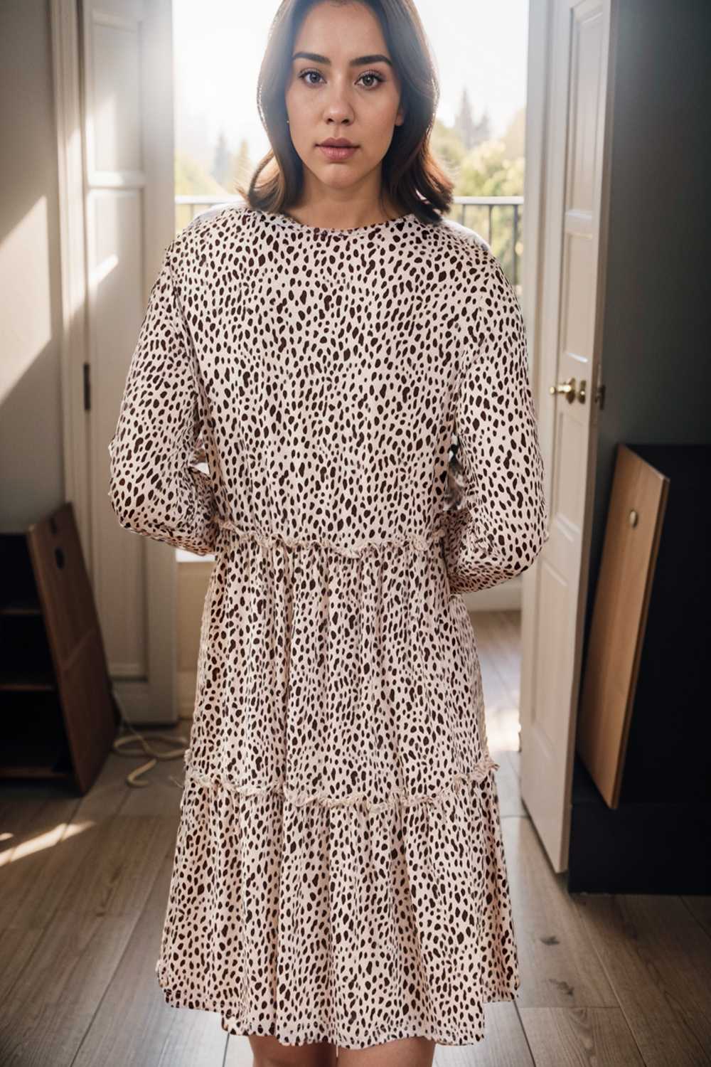loose leopard print v neck dress drop shoulder a line closed cape paneled 106486