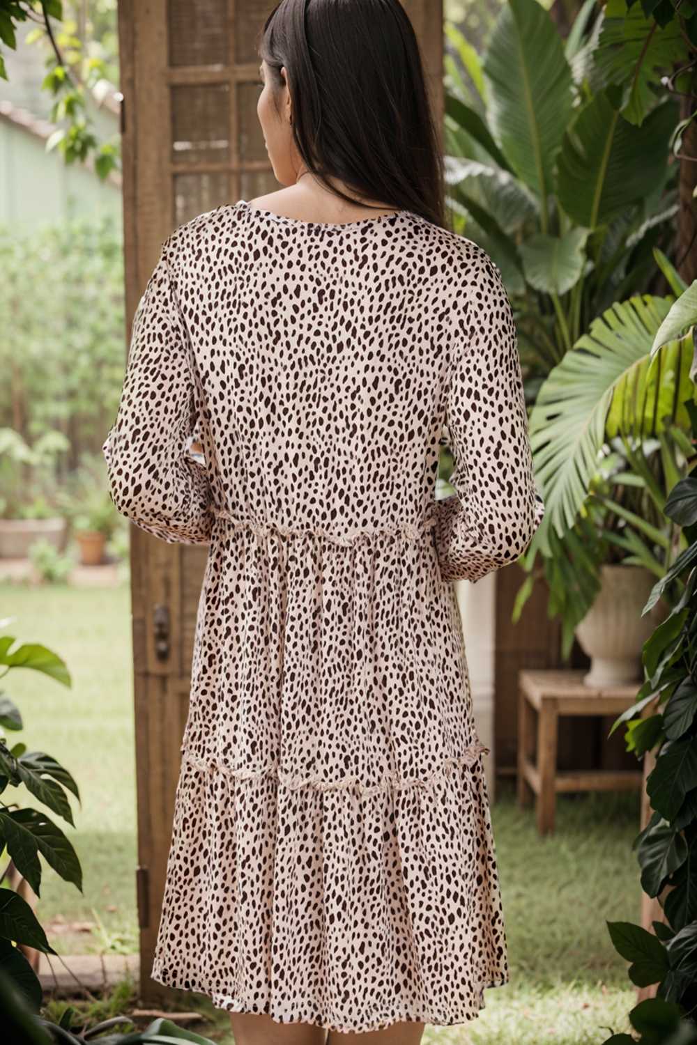 loose leopard print v neck dress drop shoulder a line closed cape paneled 105155