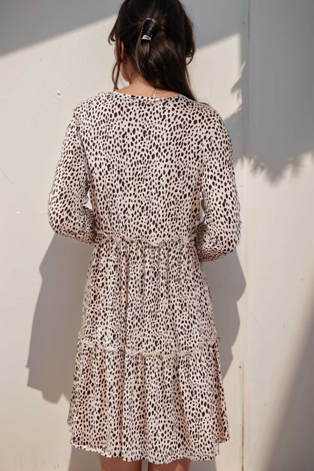 loose leopard print v neck dress drop shoulder a line closed cape paneled 137834