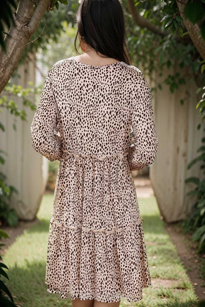 loose leopard print v neck dress drop shoulder a line closed cape paneled 127555