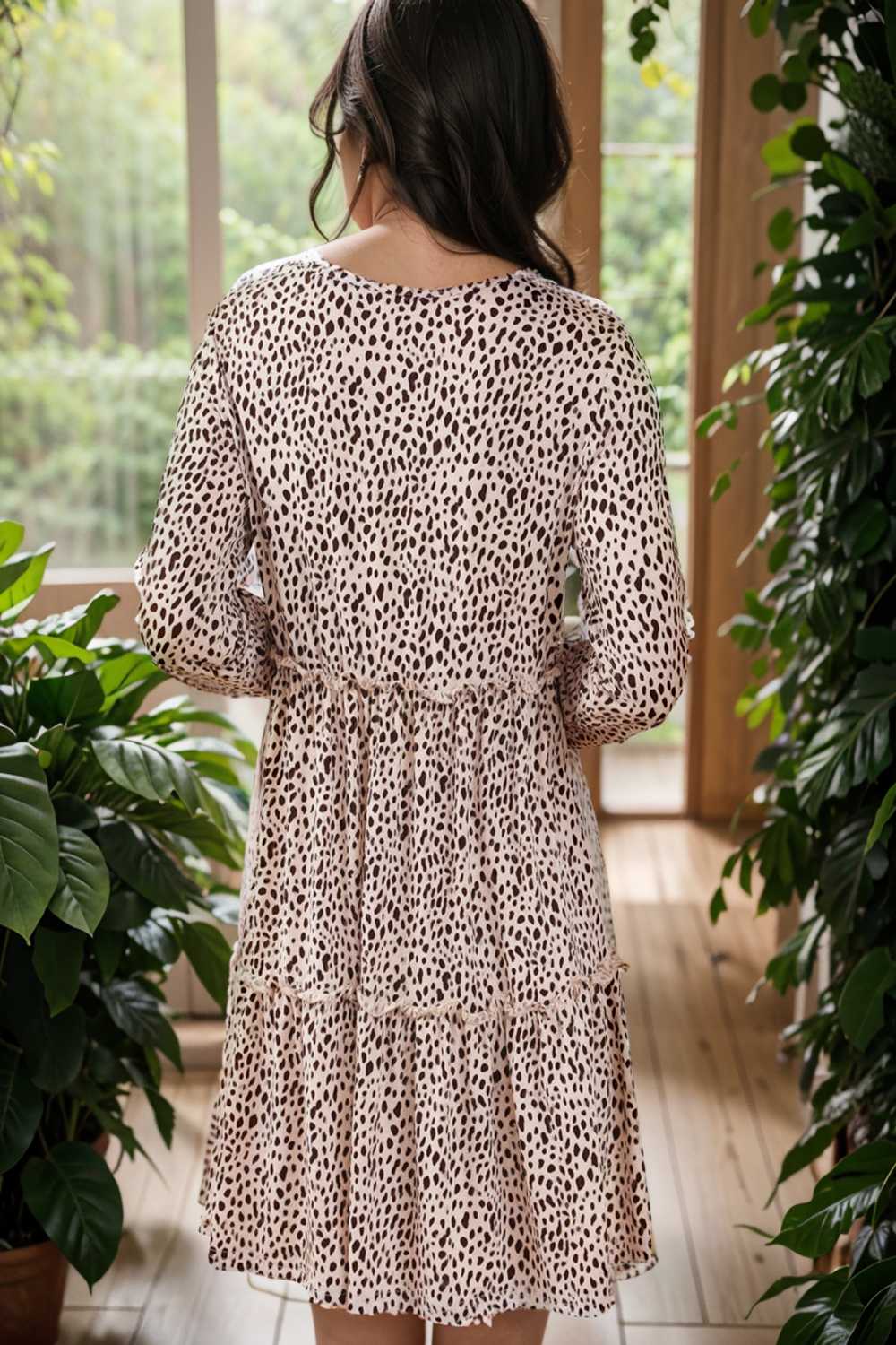 loose leopard print v neck dress drop shoulder a line closed cape paneled 106485