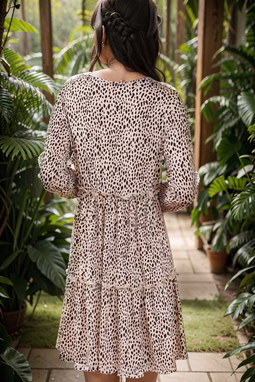 loose leopard print v neck dress drop shoulder a line closed cape paneled 132922