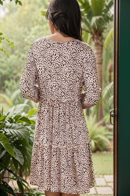 loose leopard print v neck dress drop shoulder a line closed cape paneled 137833