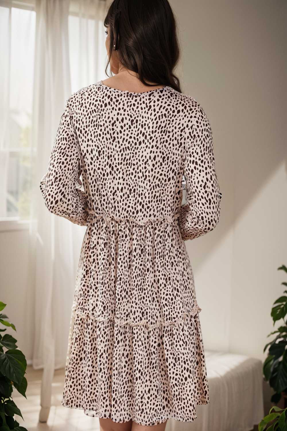 loose leopard print v neck dress drop shoulder a line closed cape paneled 147658