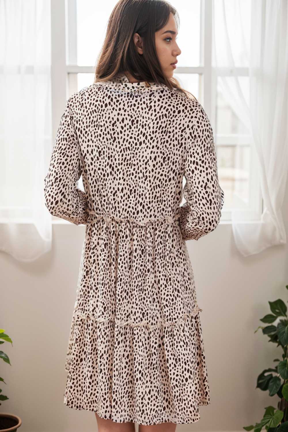loose leopard print v neck dress drop shoulder a line closed cape paneled 105154