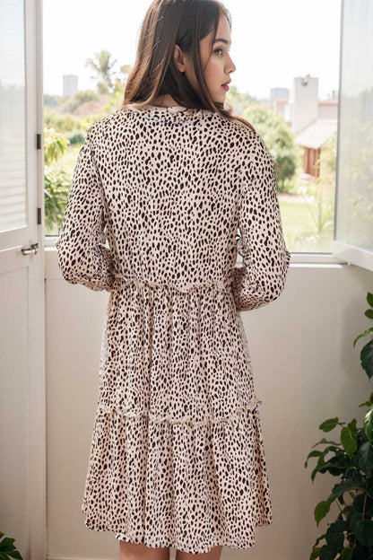 loose leopard print v neck dress drop shoulder a line closed cape paneled 127183