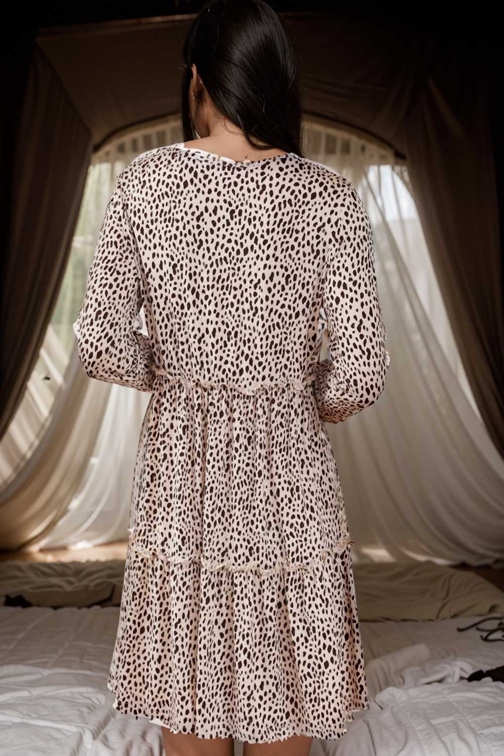 loose leopard print v neck dress drop shoulder a line closed cape paneled 105153