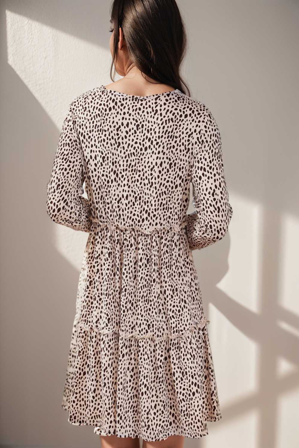 loose leopard print v neck dress drop shoulder a line closed cape paneled 132921