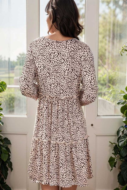 loose leopard print v neck dress drop shoulder a line closed cape paneled 128016