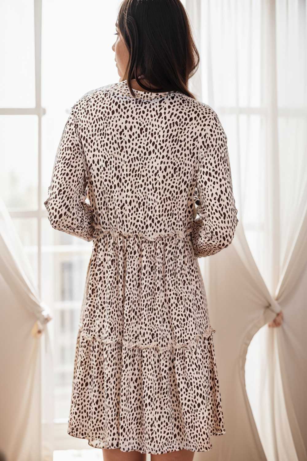 loose leopard print v neck dress drop shoulder a line closed cape paneled 132920