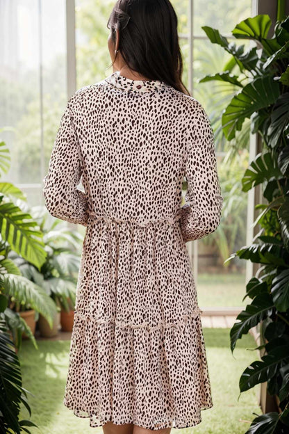 loose leopard print v neck dress drop shoulder a line closed cape paneled 106483