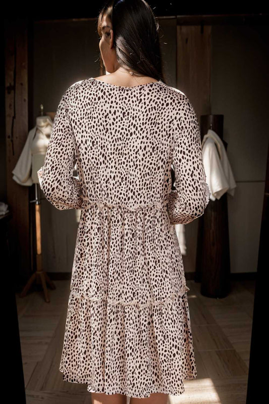 loose leopard print v neck dress drop shoulder a line closed cape paneled 115573