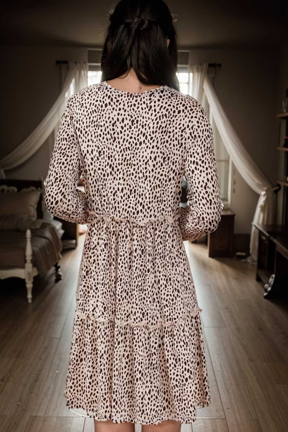 loose leopard print v neck dress drop shoulder a line closed cape paneled 123097