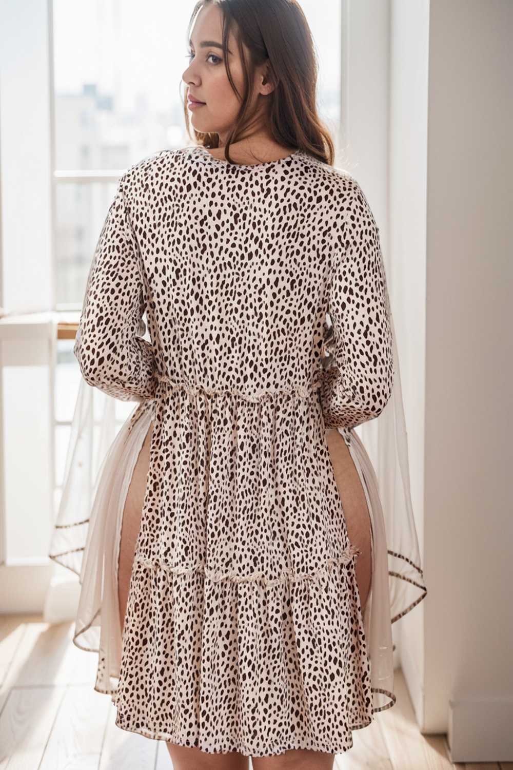 loose leopard print v neck dress drop shoulder a line closed cape paneled 106482
