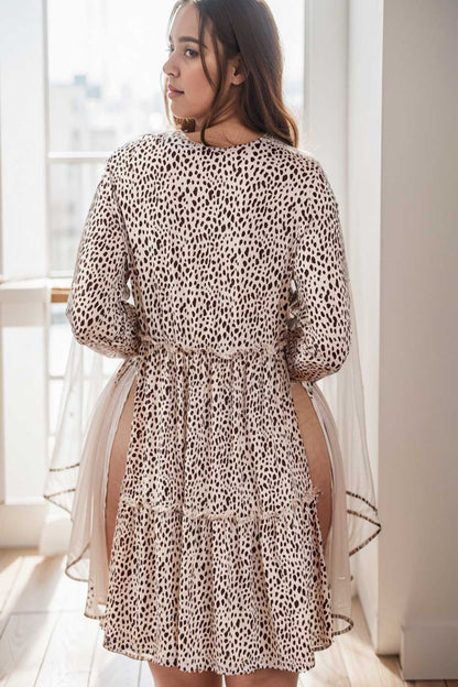loose leopard print v neck dress drop shoulder a line closed cape paneled 106482