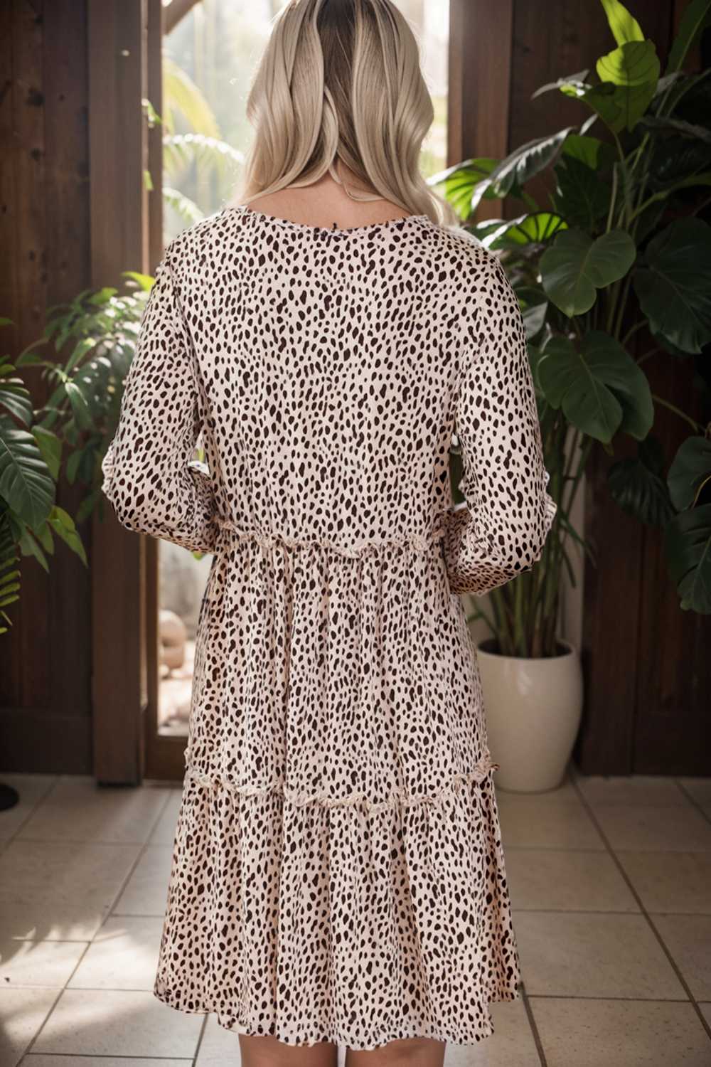 loose leopard print v neck dress drop shoulder a line closed cape paneled 132919