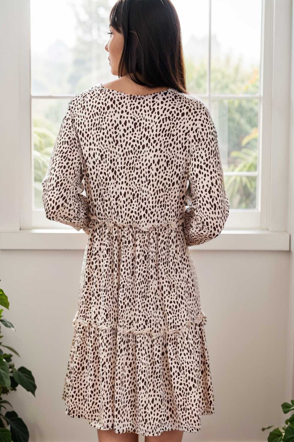 loose leopard print v neck dress drop shoulder a line closed cape paneled 132918