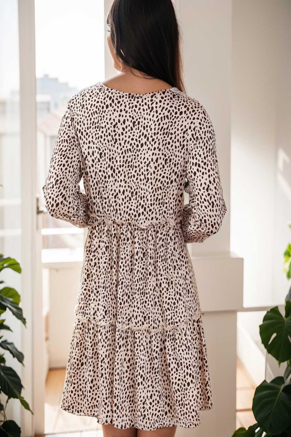 loose leopard print v neck dress drop shoulder a line closed cape paneled 106481