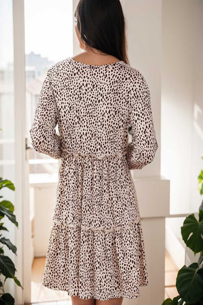 loose leopard print v neck dress drop shoulder a line closed cape paneled 106481