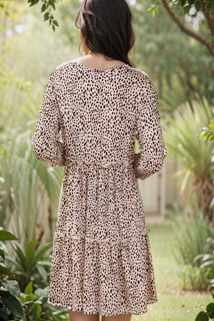 loose leopard print v neck dress drop shoulder a line closed cape paneled 137829