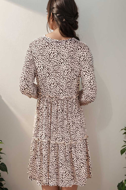 loose leopard print v neck dress drop shoulder a line closed cape paneled 106480