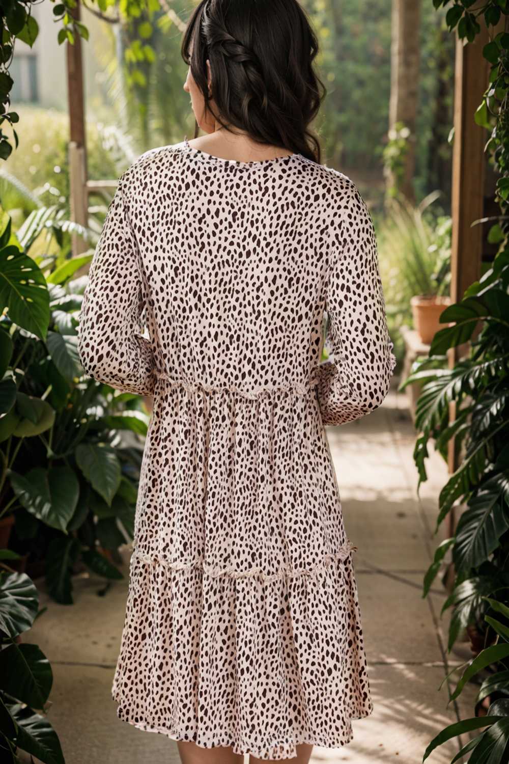 loose leopard print v neck dress drop shoulder a line closed cape paneled 132917