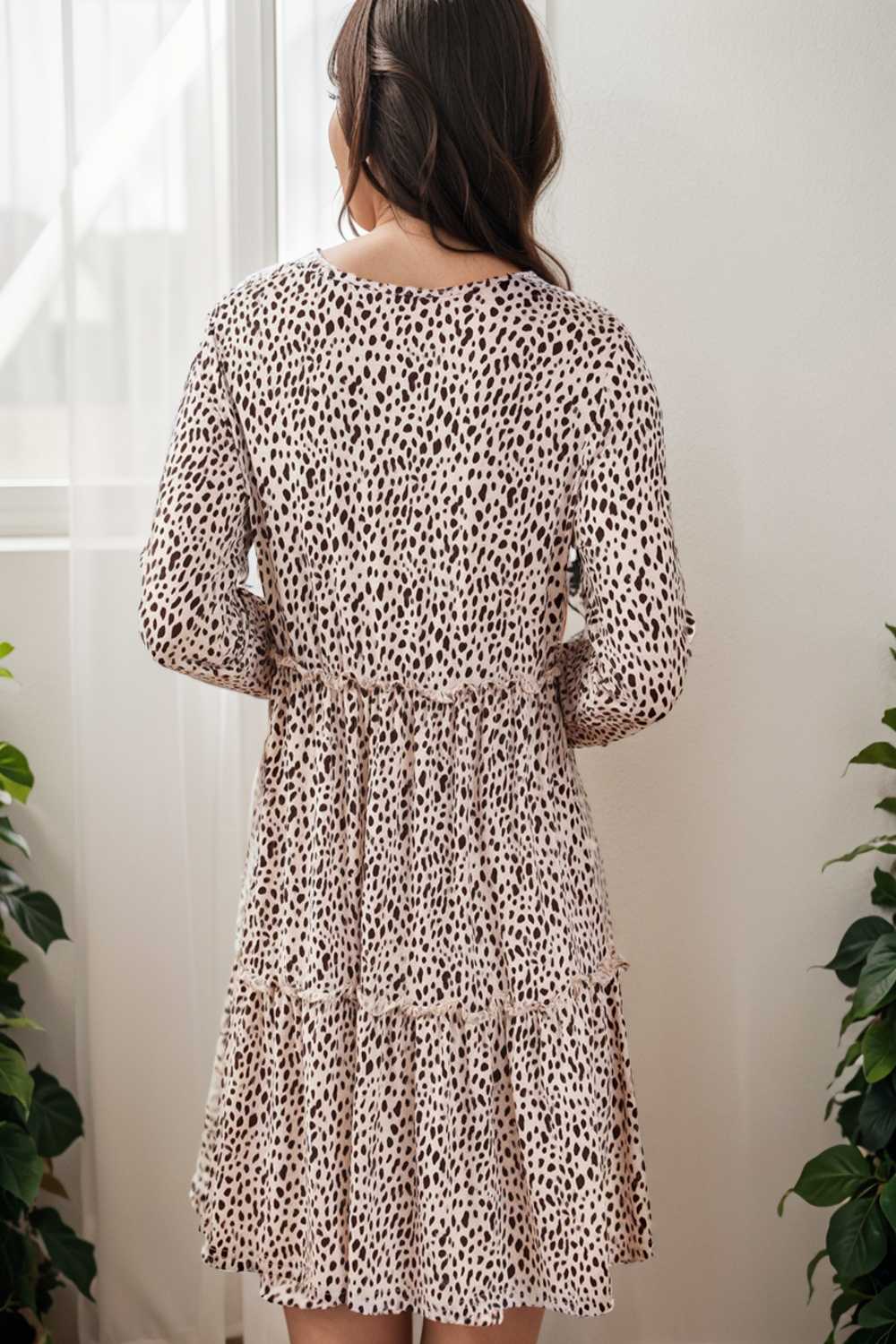 loose leopard print v neck dress drop shoulder a line closed cape paneled 137827