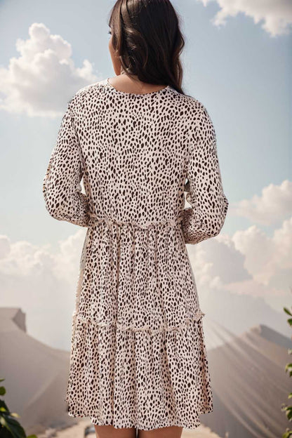 loose leopard print v neck dress drop shoulder a line closed cape paneled 106478
