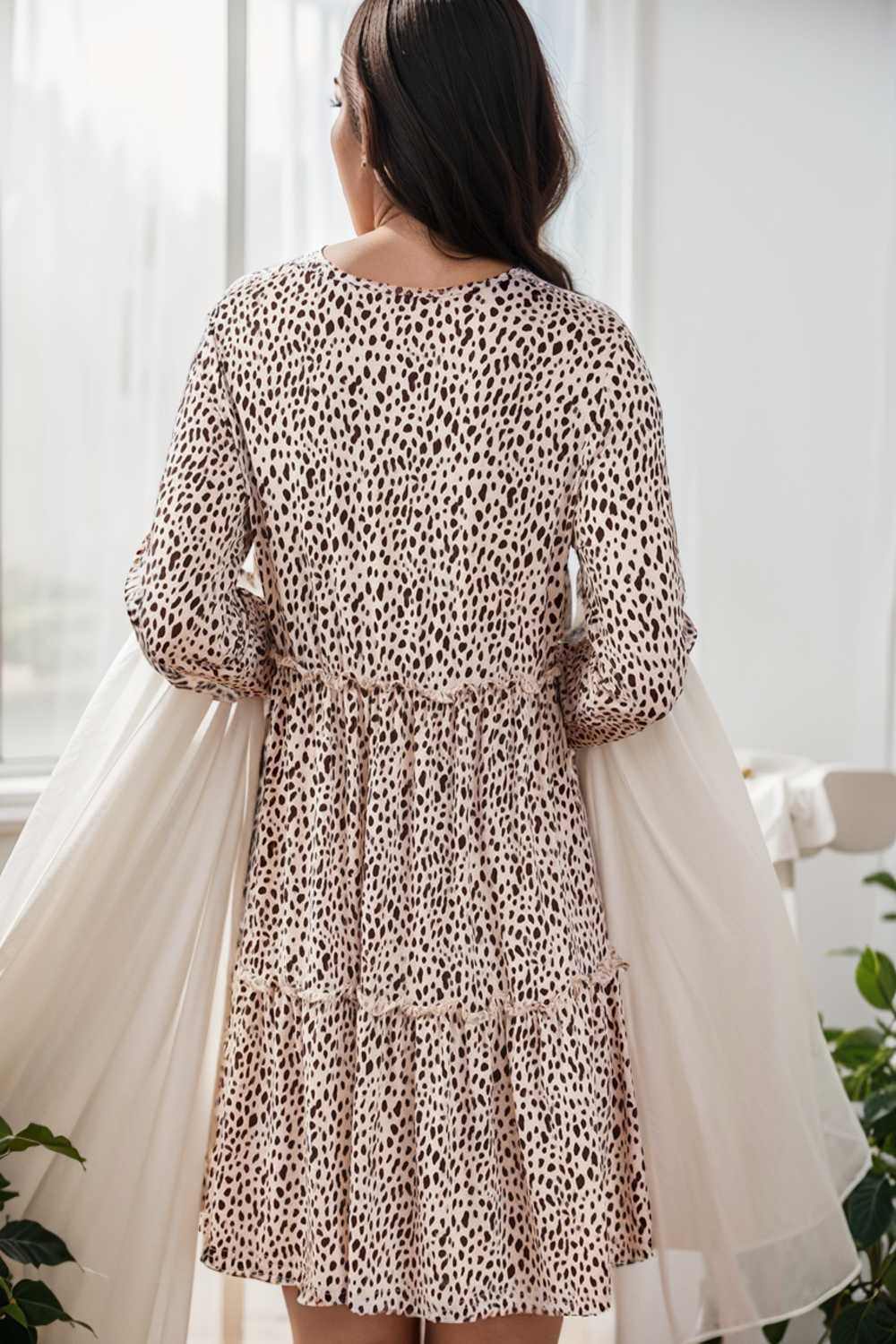 loose leopard print v neck dress drop shoulder a line closed cape paneled 106477