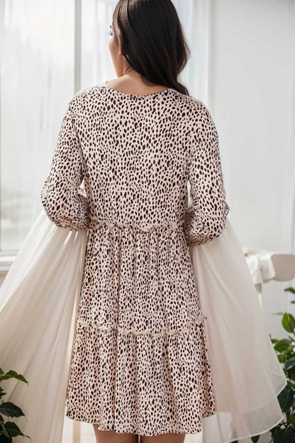 loose leopard print v neck dress drop shoulder a line closed cape paneled 106477