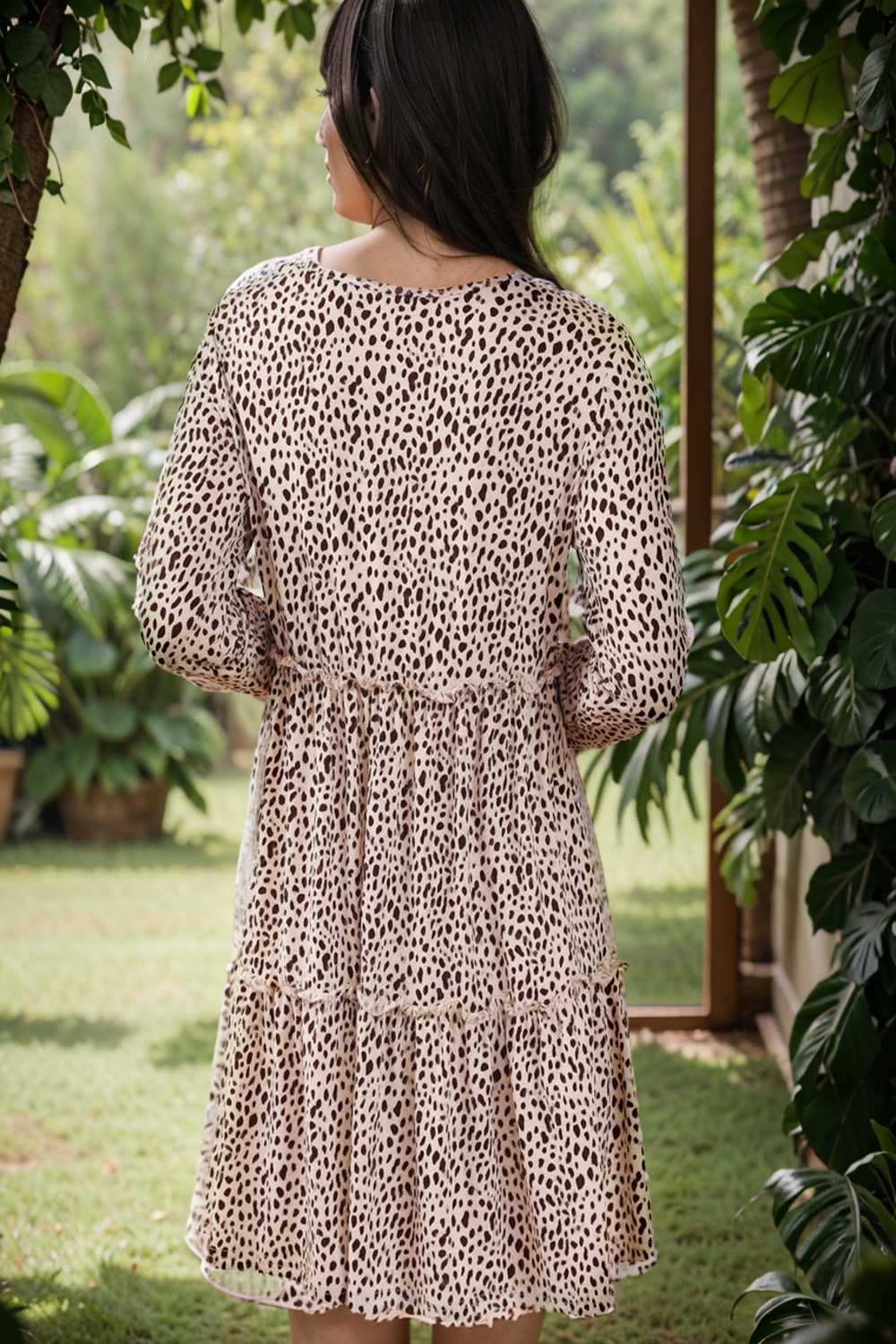 loose leopard print v neck dress drop shoulder a line closed cape paneled 106476