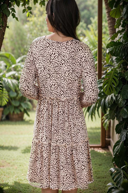 loose leopard print v neck dress drop shoulder a line closed cape paneled 106476