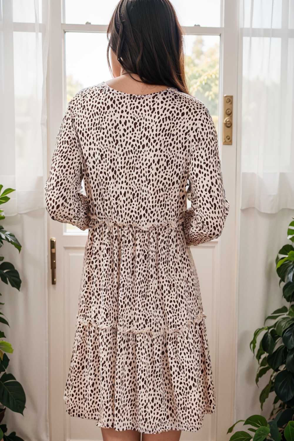 loose leopard print v neck dress drop shoulder a line closed cape paneled 106475