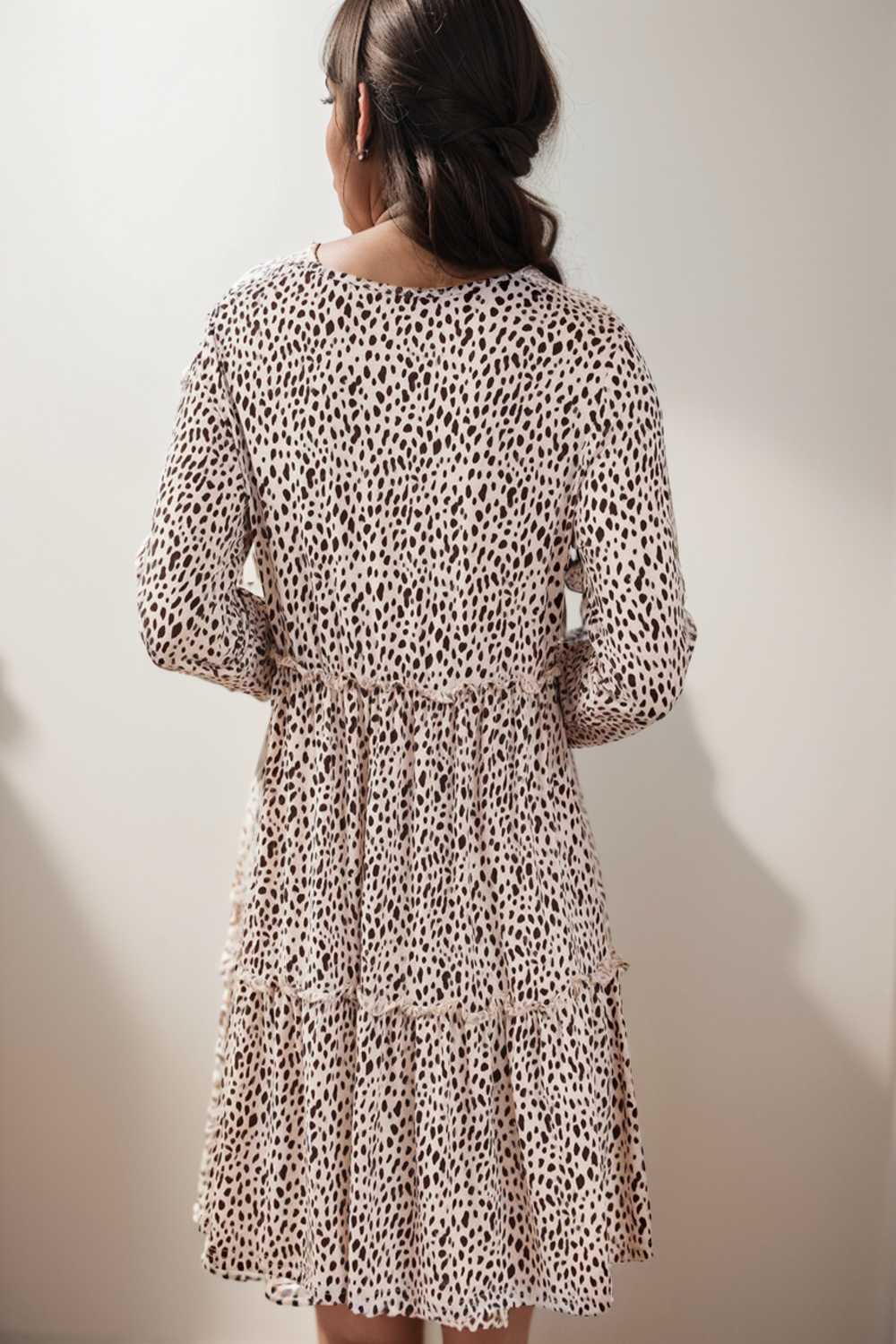 loose leopard print v neck dress drop shoulder a line closed cape paneled 106474